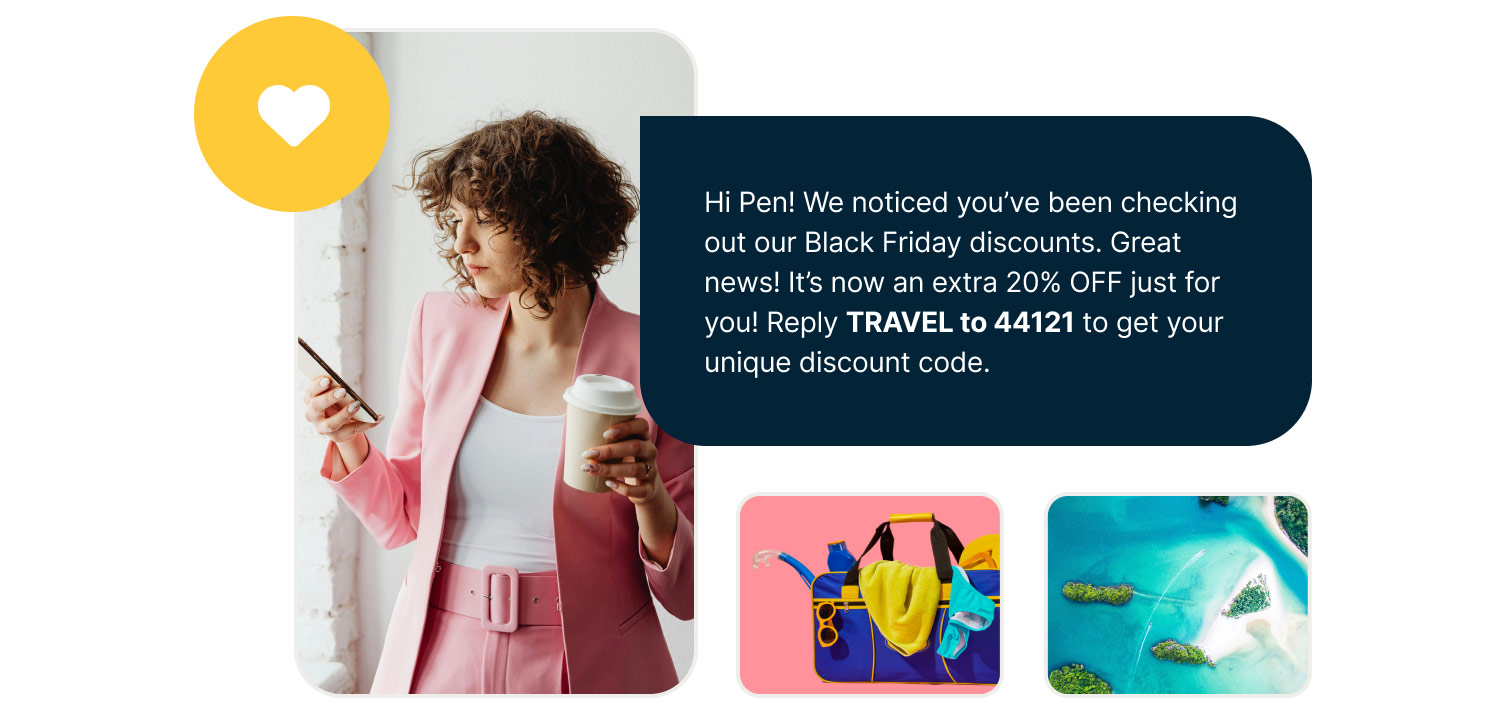 Female viewing a sms on her phone about a travel deal available for Black Friday. 